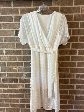 Elegant White Textured Midi Faux Wrap Dress with Self-Tie Waist